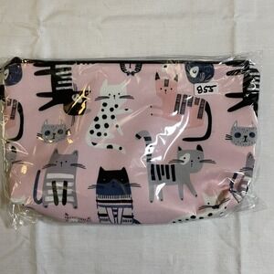 The Pouch Cosmetic Bag Women Small Pink NWT Cat Print Zipper Travel Pouch 8x5